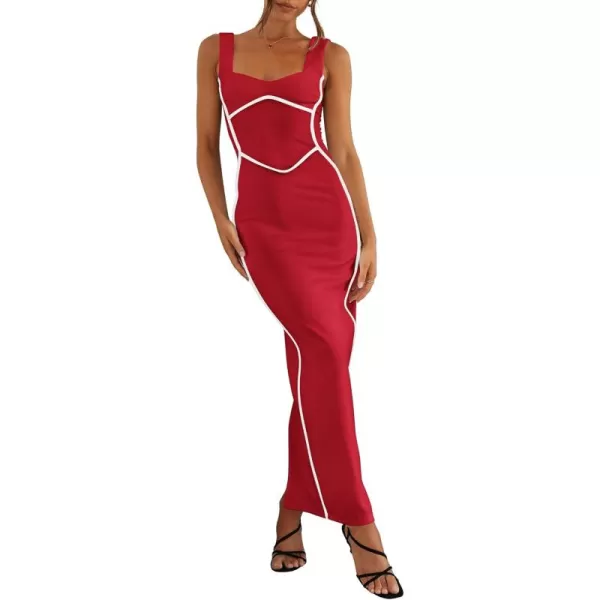BTFBM Women Maxi Bodycon Dresses Square Neck Sleeveless Contrast Binding Split Cocktail Party Club Tank Long Dress 2024Solid Red