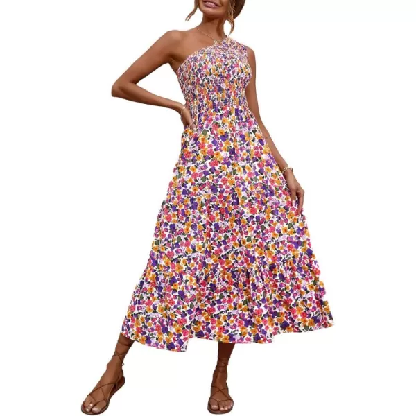 BTFBM Women One Shoulder Summer Dresses 2024 Sleeveless Casual High Waist Floral Flowy Beach Boho Smocked Maxi DressFloral White Purple