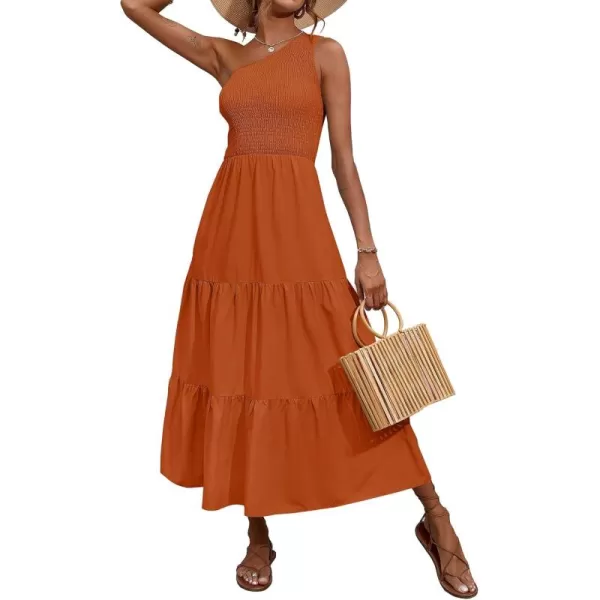 BTFBM Women One Shoulder Summer Dresses 2024 Sleeveless Casual High Waist Floral Flowy Beach Boho Smocked Maxi DressSolid Orange