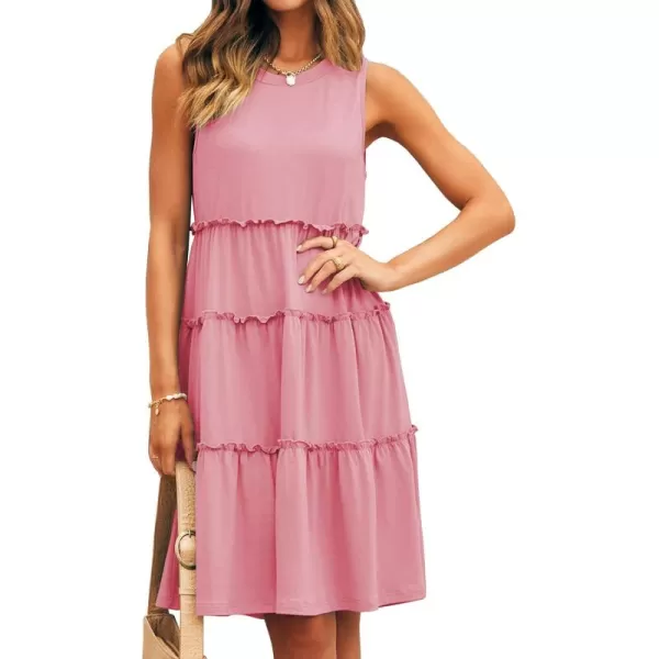 BTFBM Women Sleeveless Summer Dress 2024 Crewneck Ribbed Knit Ruffle Swing Button Down Beach Sun Mini Tank Short DressesTiered Coral Pink