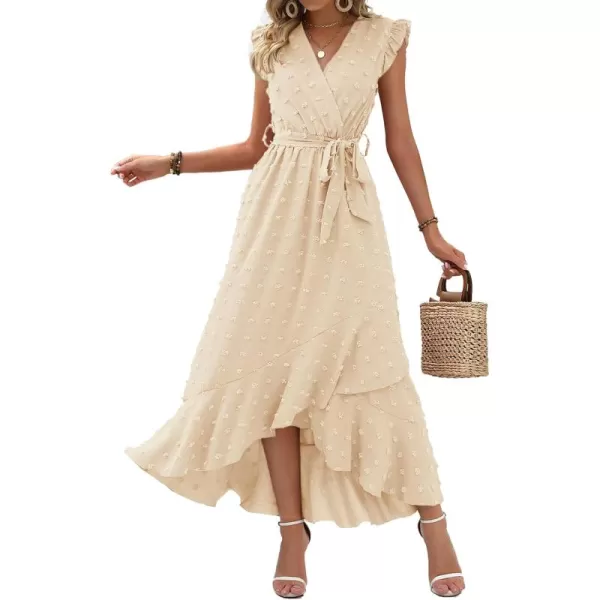 BTFBM Womens 2024 Summer Wrap V Neck Dress Ruffle Sleeve Swiss Dot Boho Ruffle Slit Beach Party Flowy Long Maxi DressesSwiss Dot Beige