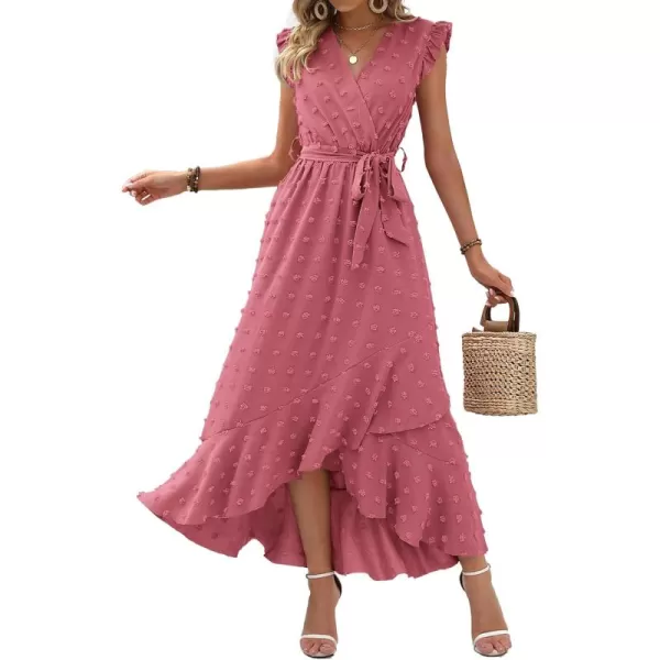 BTFBM Womens 2024 Summer Wrap V Neck Dress Ruffle Sleeve Swiss Dot Boho Ruffle Slit Beach Party Flowy Long Maxi DressesSwiss Dot Pink