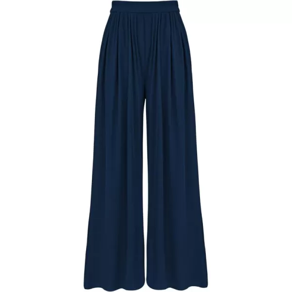 BTFBM Womens Casual Wide Leg Pants Summer Fall Clothes Pleated Elastic Waist Loose Palazzo Knit Trousers with PocketsSolid Navy