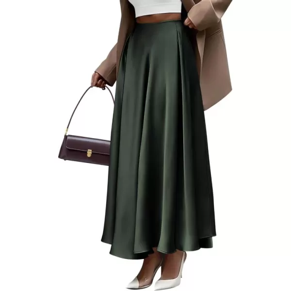 BTFBM Womens Satin High Waist Skirts 2024 Summer Fall Outfits Elegant Cocktail Party Flowy ALine Maxi SkirtSolid Dark Army Green
