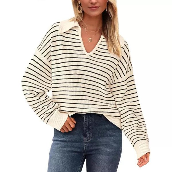 BTFBM Womens Striped Long Sleeve Sweater 2024 Fall Winter Fashion V Neck Lapel Collar Ribbed Knit Loose Pullover TopsStriped Apricot