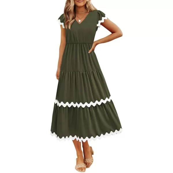 BTFBM Womens Summer Dresses 2024 V Neck Cap Sleeve Ric Rac Loose Tiered ALine Beach Vacation Midi Dress with PocketSolid Army Green