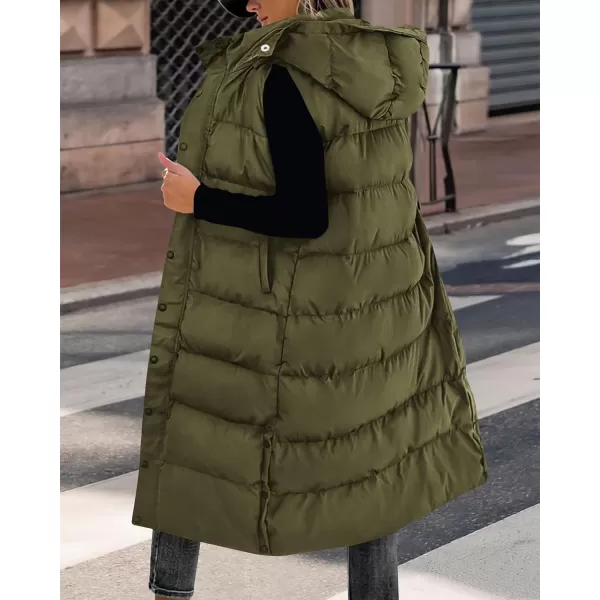 BTFBM Long Puffer Vest Women Quilted Hooded Button Down Zip Up Sleeveless Vests Outerwear Padded Jacket Winter Coat 2024Army Green
