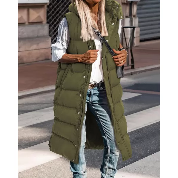 BTFBM Long Puffer Vest Women Quilted Hooded Button Down Zip Up Sleeveless Vests Outerwear Padded Jacket Winter Coat 2024Army Green