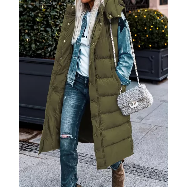 BTFBM Long Puffer Vest Women Quilted Hooded Button Down Zip Up Sleeveless Vests Outerwear Padded Jacket Winter Coat 2024Army Green
