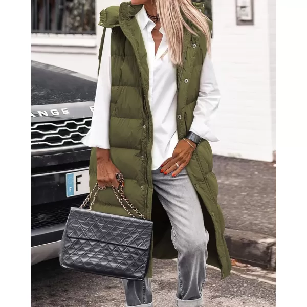 BTFBM Long Puffer Vest Women Quilted Hooded Button Down Zip Up Sleeveless Vests Outerwear Padded Jacket Winter Coat 2024Army Green