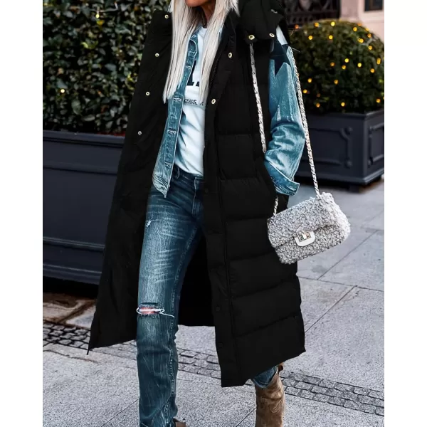 BTFBM Long Puffer Vest Women Quilted Hooded Button Down Zip Up Sleeveless Vests Outerwear Padded Jacket Winter Coat 2024Black