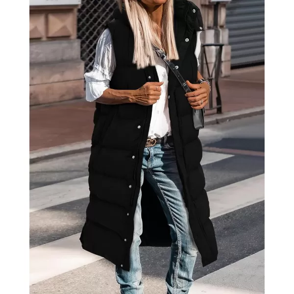 BTFBM Long Puffer Vest Women Quilted Hooded Button Down Zip Up Sleeveless Vests Outerwear Padded Jacket Winter Coat 2024Black