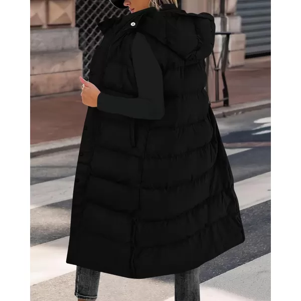 BTFBM Long Puffer Vest Women Quilted Hooded Button Down Zip Up Sleeveless Vests Outerwear Padded Jacket Winter Coat 2024Black