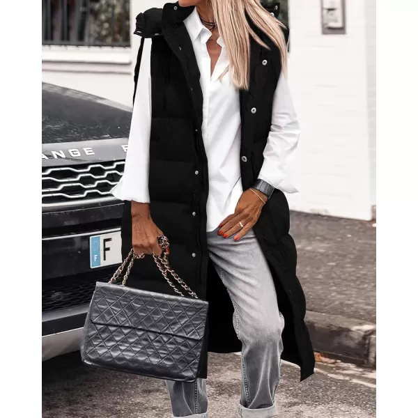 BTFBM Long Puffer Vest Women Quilted Hooded Button Down Zip Up Sleeveless Vests Outerwear Padded Jacket Winter Coat 2024Black
