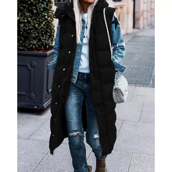 BTFBM Long Puffer Vest Women Quilted Hooded Button Down Zip Up Sleeveless Vests Outerwear Padded Jacket Winter Coat 2024Black