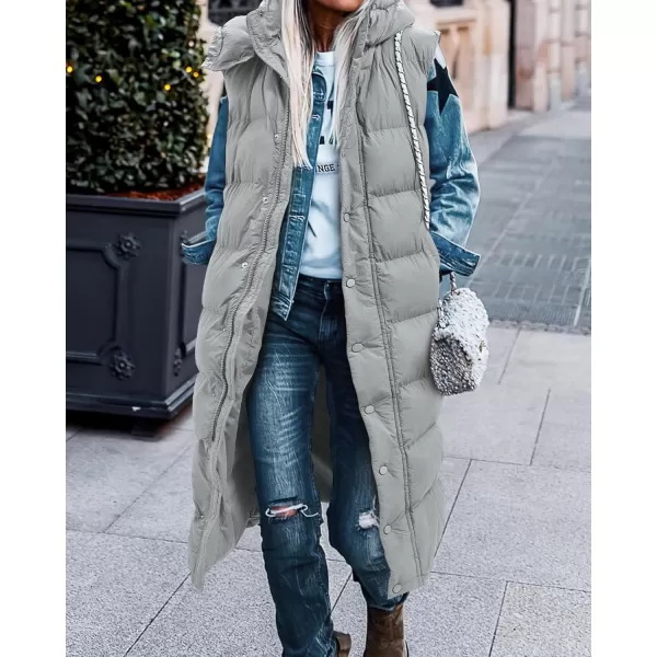 BTFBM Long Puffer Vest Women Quilted Hooded Button Down Zip Up Sleeveless Vests Outerwear Padded Jacket Winter Coat 2024Grey