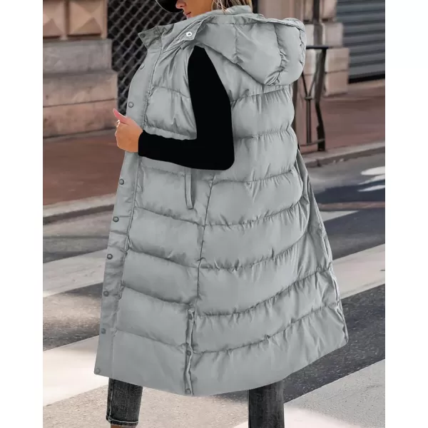 BTFBM Long Puffer Vest Women Quilted Hooded Button Down Zip Up Sleeveless Vests Outerwear Padded Jacket Winter Coat 2024Grey