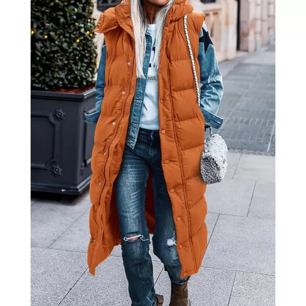 BTFBM Long Puffer Vest Women Quilted Hooded Button Down Zip Up Sleeveless Vests Outerwear Padded Jacket Winter Coat 2024Orange