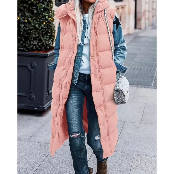 BTFBM Long Puffer Vest Women Quilted Hooded Button Down Zip Up Sleeveless Vests Outerwear Padded Jacket Winter Coat 2024Pink