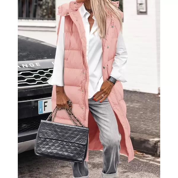 BTFBM Long Puffer Vest Women Quilted Hooded Button Down Zip Up Sleeveless Vests Outerwear Padded Jacket Winter Coat 2024Pink