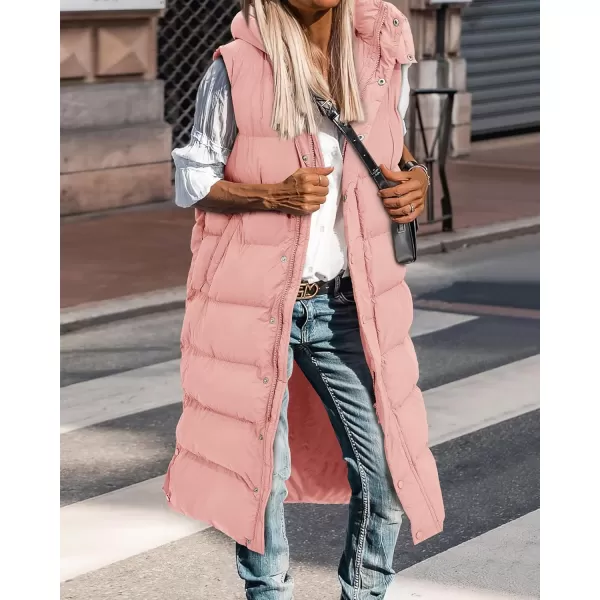 BTFBM Long Puffer Vest Women Quilted Hooded Button Down Zip Up Sleeveless Vests Outerwear Padded Jacket Winter Coat 2024Pink