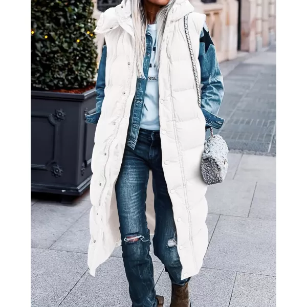 BTFBM Long Puffer Vest Women Quilted Hooded Button Down Zip Up Sleeveless Vests Outerwear Padded Jacket Winter Coat 2024White