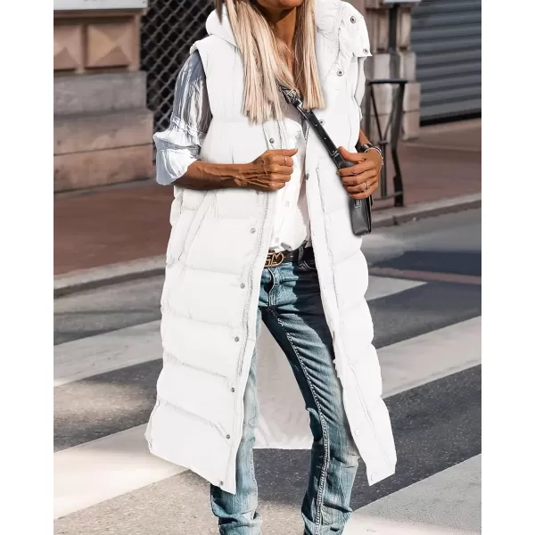 BTFBM Long Puffer Vest Women Quilted Hooded Button Down Zip Up Sleeveless Vests Outerwear Padded Jacket Winter Coat 2024White