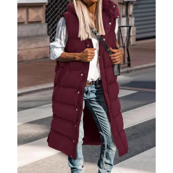 BTFBM Long Puffer Vest Women Quilted Hooded Button Down Zip Up Sleeveless Vests Outerwear Padded Jacket Winter Coat 2024Wine Red