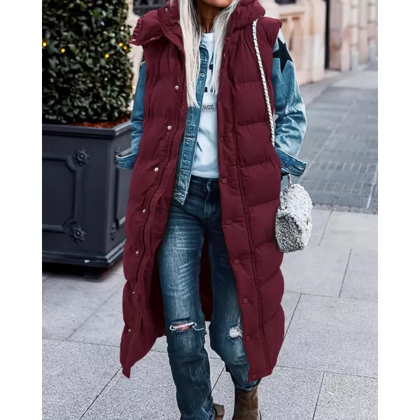 BTFBM Long Puffer Vest Women Quilted Hooded Button Down Zip Up Sleeveless Vests Outerwear Padded Jacket Winter Coat 2024Wine Red