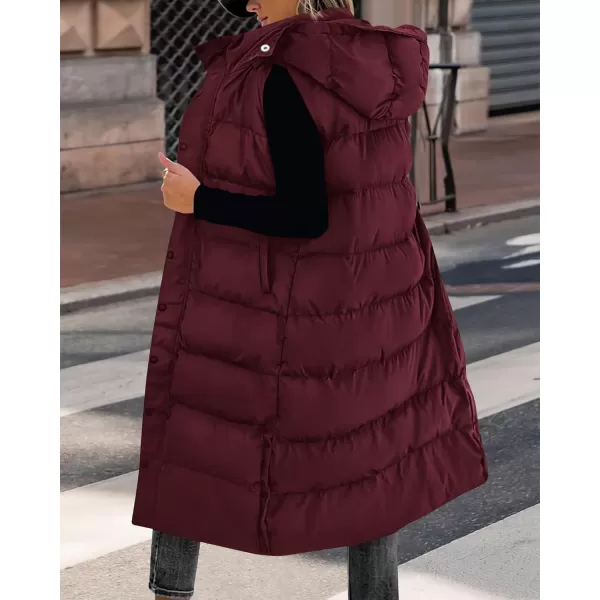 BTFBM Long Puffer Vest Women Quilted Hooded Button Down Zip Up Sleeveless Vests Outerwear Padded Jacket Winter Coat 2024Wine Red