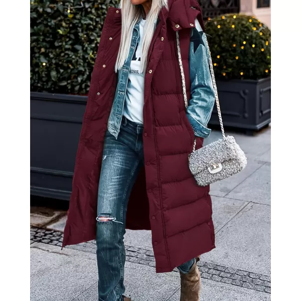 BTFBM Long Puffer Vest Women Quilted Hooded Button Down Zip Up Sleeveless Vests Outerwear Padded Jacket Winter Coat 2024Wine Red