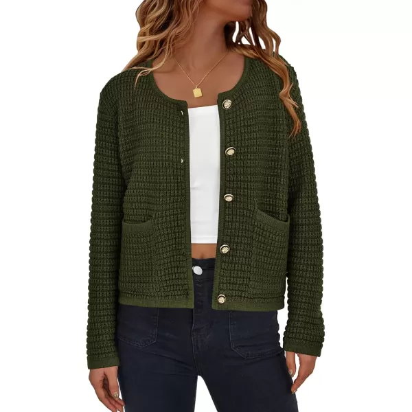 BTFBM Women Cardigan Sweaters Fall Fashion 2024 Button Down Long Sleeve Chunky Knit Open Front Tweed Jacket OuterwearSolid Army Green