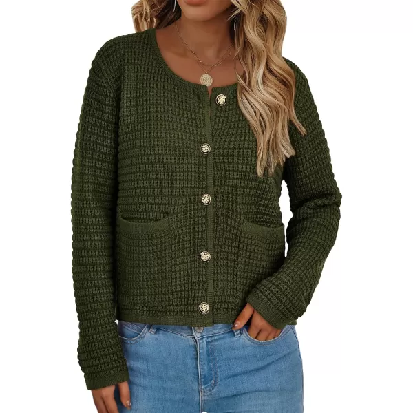 BTFBM Women Cardigan Sweaters Fall Fashion 2024 Button Down Long Sleeve Chunky Knit Open Front Tweed Jacket OuterwearSolid Army Green