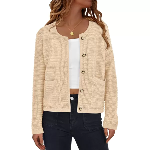 BTFBM Women Cardigan Sweaters Fall Fashion 2024 Button Down Long Sleeve Chunky Knit Open Front Tweed Jacket OuterwearSolid Beige