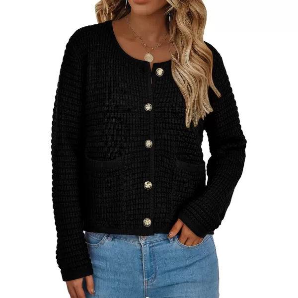 BTFBM Women Cardigan Sweaters Fall Fashion 2024 Button Down Long Sleeve Chunky Knit Open Front Tweed Jacket OuterwearSolid Black