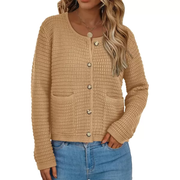 BTFBM Women Cardigan Sweaters Fall Fashion 2024 Button Down Long Sleeve Chunky Knit Open Front Tweed Jacket OuterwearSolid Khaki