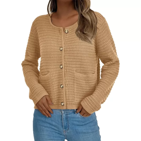 BTFBM Women Cardigan Sweaters Fall Fashion 2024 Button Down Long Sleeve Chunky Knit Open Front Tweed Jacket OuterwearSolid Khaki