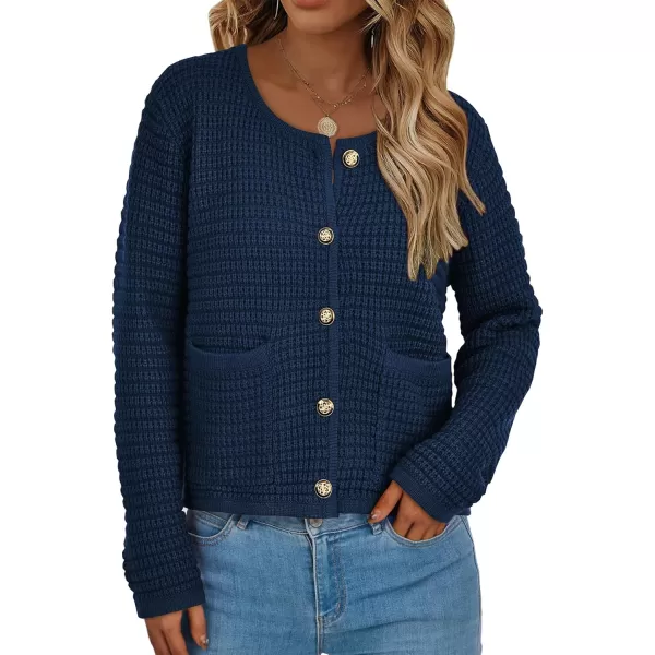 BTFBM Women Cardigan Sweaters Fall Fashion 2024 Button Down Long Sleeve Chunky Knit Open Front Tweed Jacket OuterwearSolid Navy