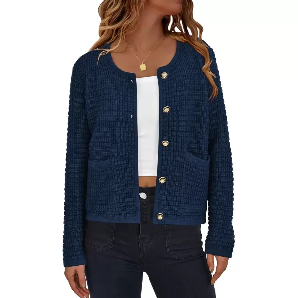 BTFBM Women Cardigan Sweaters Fall Fashion 2024 Button Down Long Sleeve Chunky Knit Open Front Tweed Jacket OuterwearSolid Navy