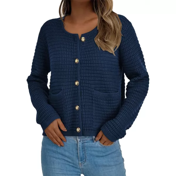 BTFBM Women Cardigan Sweaters Fall Fashion 2024 Button Down Long Sleeve Chunky Knit Open Front Tweed Jacket OuterwearSolid Navy