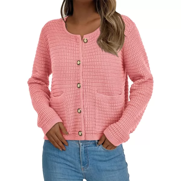 BTFBM Women Cardigan Sweaters Fall Fashion 2024 Button Down Long Sleeve Chunky Knit Open Front Tweed Jacket OuterwearSolid Pink