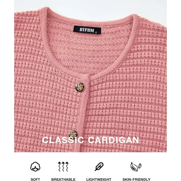 BTFBM Women Cardigan Sweaters Fall Fashion 2024 Button Down Long Sleeve Chunky Knit Open Front Tweed Jacket OuterwearSolid Pink