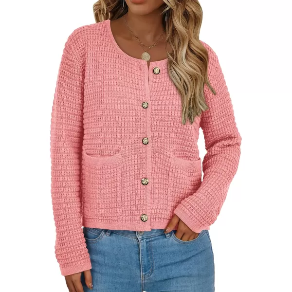 BTFBM Women Cardigan Sweaters Fall Fashion 2024 Button Down Long Sleeve Chunky Knit Open Front Tweed Jacket OuterwearSolid Pink