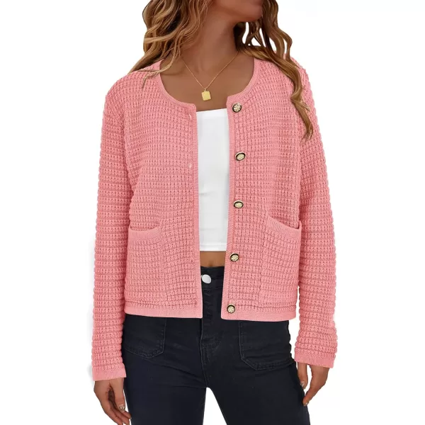 BTFBM Women Cardigan Sweaters Fall Fashion 2024 Button Down Long Sleeve Chunky Knit Open Front Tweed Jacket OuterwearSolid Pink