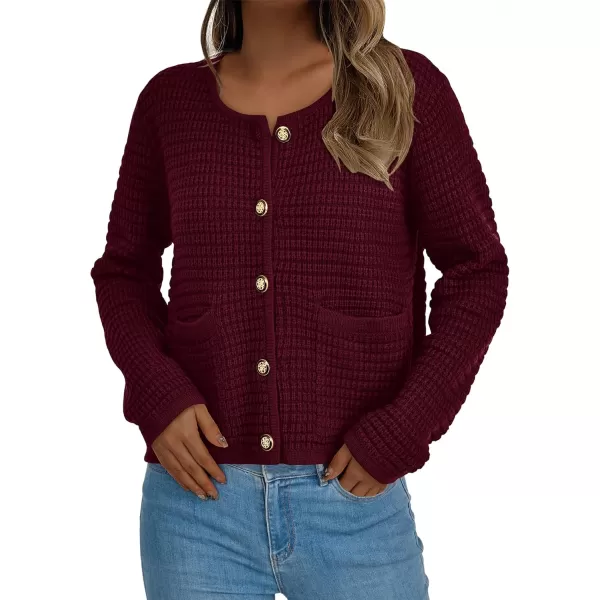 BTFBM Women Cardigan Sweaters Fall Fashion 2024 Button Down Long Sleeve Chunky Knit Open Front Tweed Jacket OuterwearSolid Wine Red