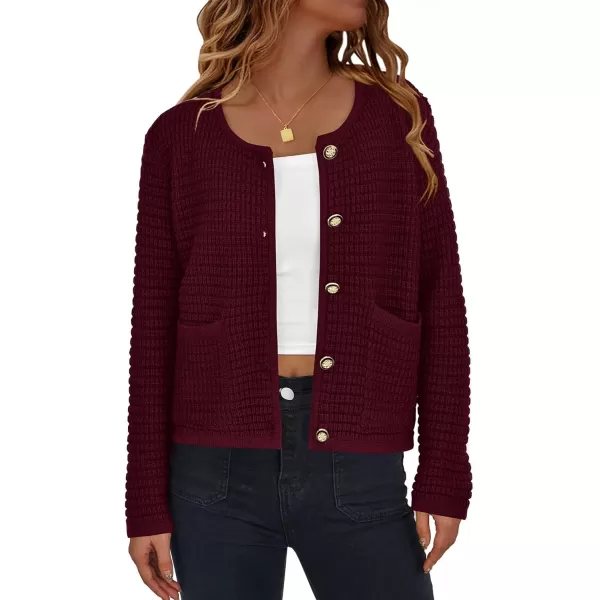 BTFBM Women Cardigan Sweaters Fall Fashion 2024 Button Down Long Sleeve Chunky Knit Open Front Tweed Jacket OuterwearSolid Wine Red