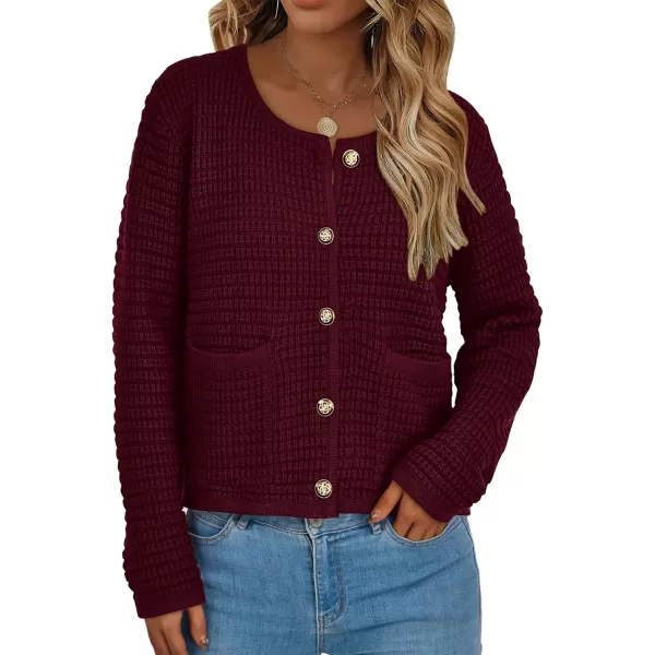 BTFBM Women Cardigan Sweaters Fall Fashion 2024 Button Down Long Sleeve Chunky Knit Open Front Tweed Jacket OuterwearSolid Wine Red