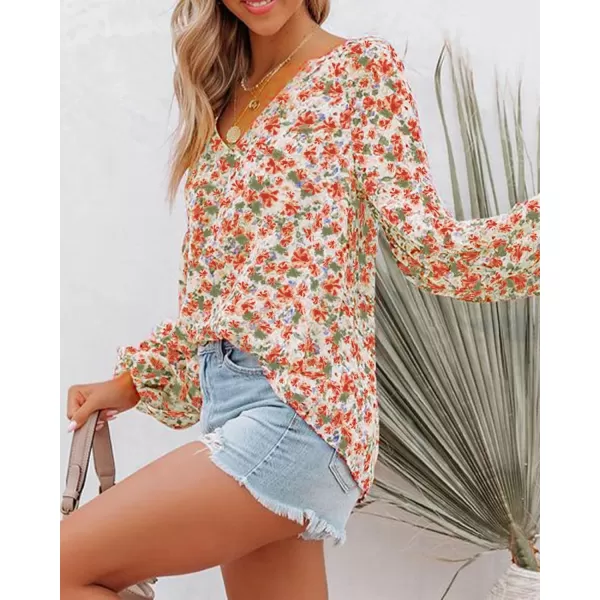 BTFBM Women Casual Boho Blouse Fashion Floral Shirts V Neck Long Puff Sleeve Lightweight Chiffon Summer Fall Tops 2024Floral Orange