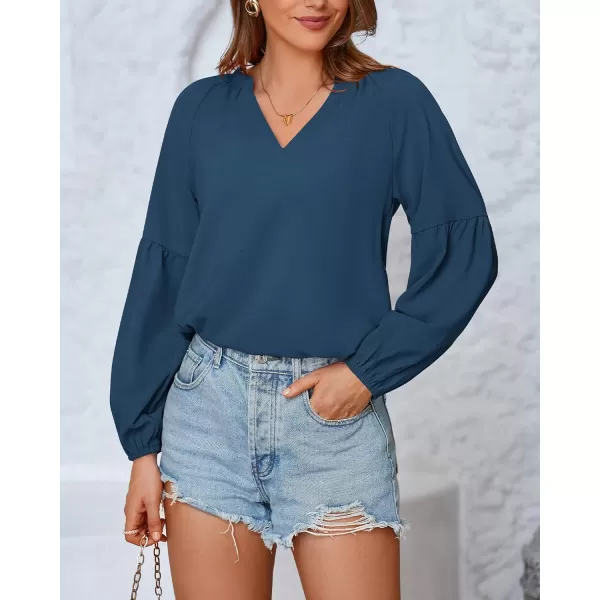 BTFBM Women Casual Boho Blouse Fashion Floral Shirts V Neck Long Puff Sleeve Lightweight Chiffon Summer Fall Tops 2024Solid Blue