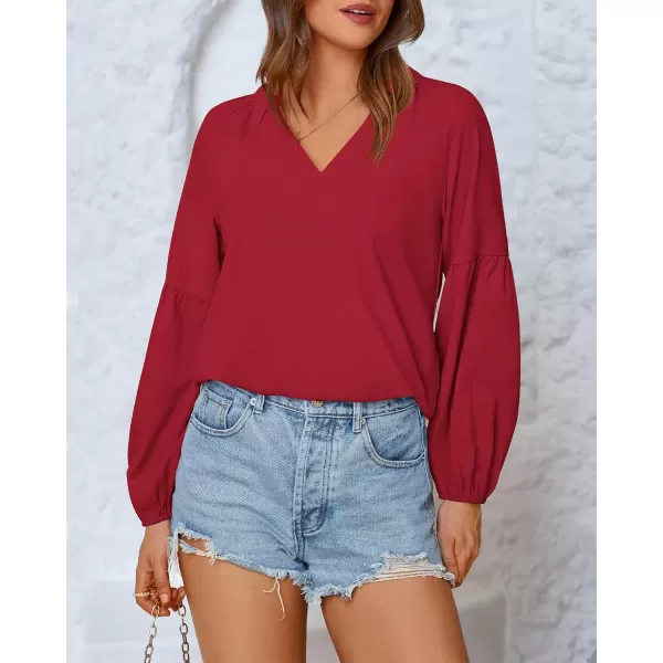 BTFBM Women Casual Boho Blouse Fashion Floral Shirts V Neck Long Puff Sleeve Lightweight Chiffon Summer Fall Tops 2024Solid Red